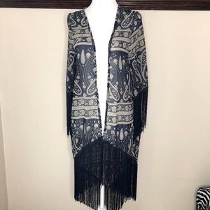 Coastal Beachy Fringed Blue/Cream Print Boho Coverup Sheer Timeless Vacation